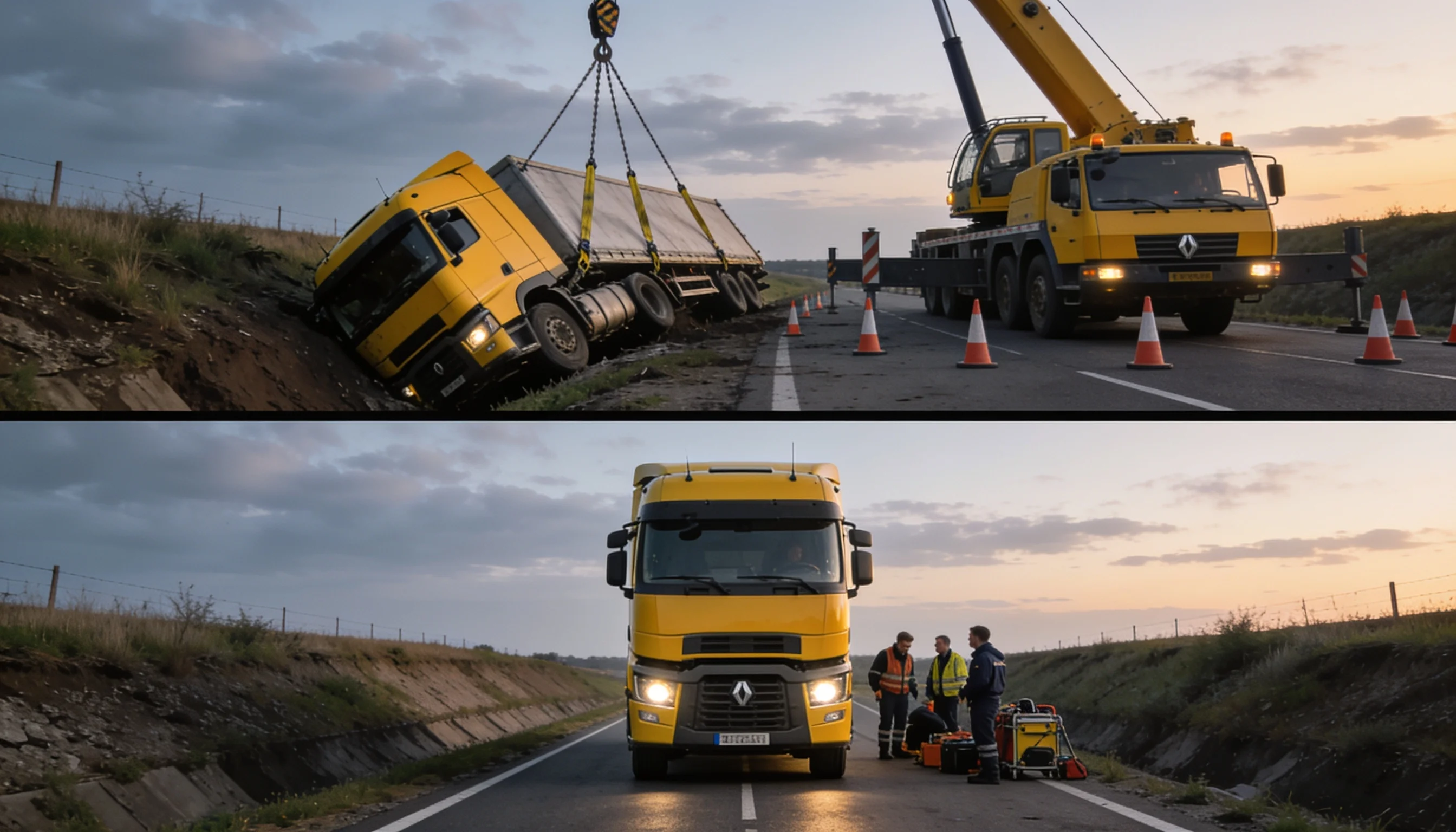 Intervention dépannage semi-remorque en Haute-Saône - avant et après intervention